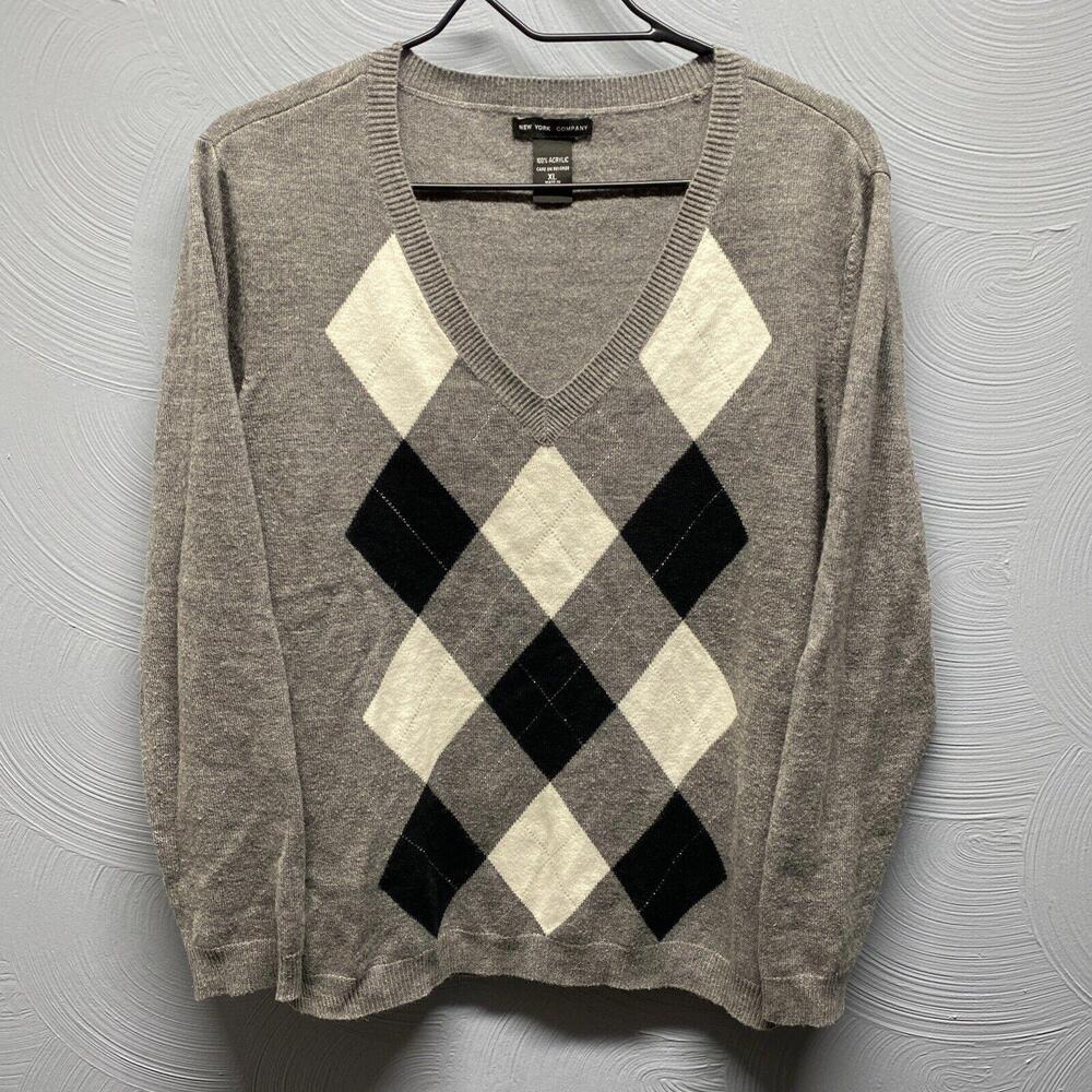 New York & Company Women's Acrylic Light Argyle Sweater Size XL Gray White